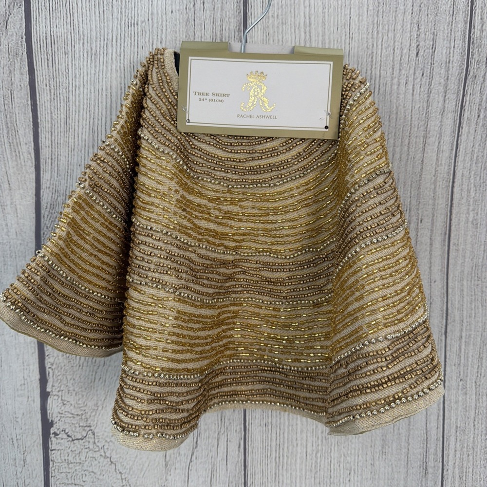 Rachel Ashwell Christmas Tree Skirt Beaded Gold Pearl Luxe 24" Tabletop Mini
